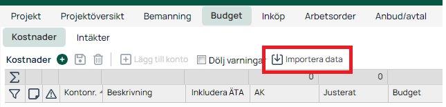 Budgetmodul — fliken Kostnader med Importera data markerad