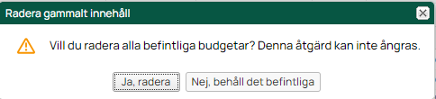 Bekreftelsesdialog for sletting av alle eksisterende budsjetter