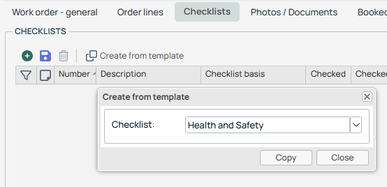 Checklists — Create from Template dialog