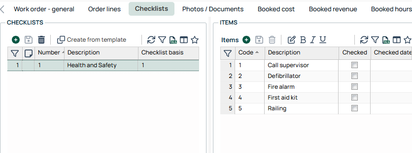 Work Order Checklists tab with checklist items