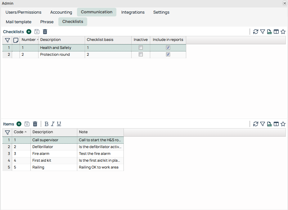 Admin — Communication Checklists configuration screen