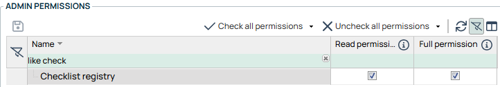 Admin Permissions — Checklist registry permissions panel