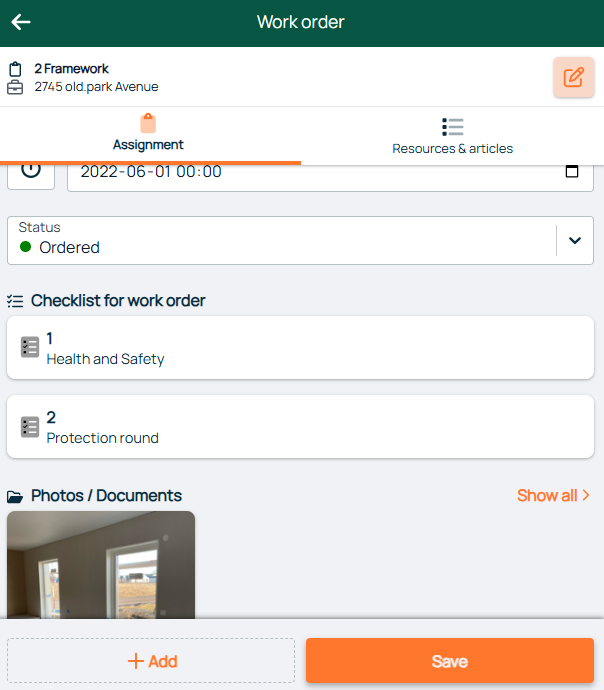 Work Order — Assignment tab with checklist