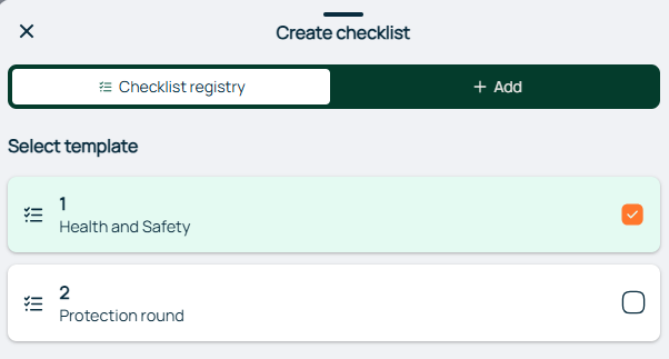 Create Checklist — Select Template dialog