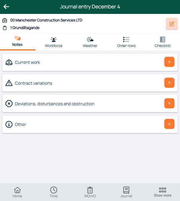 Journal Entry — Notes tab with categories