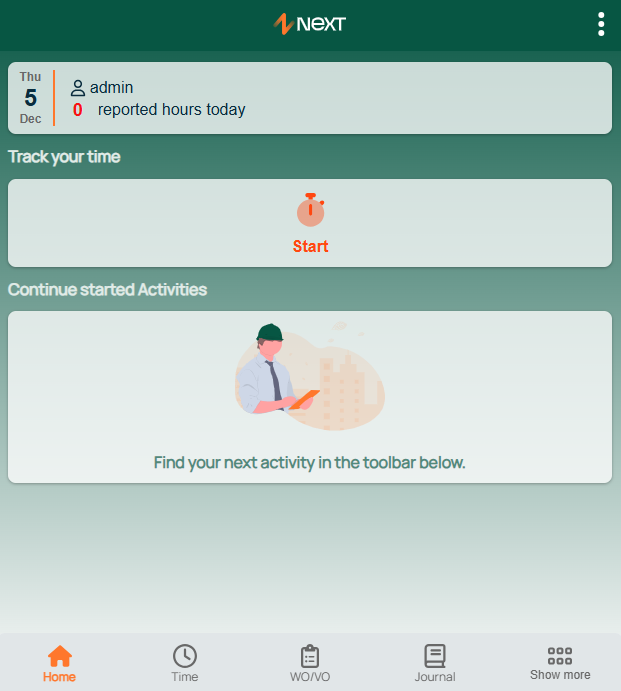 Aceve NEXT mobile home screen, time tracking