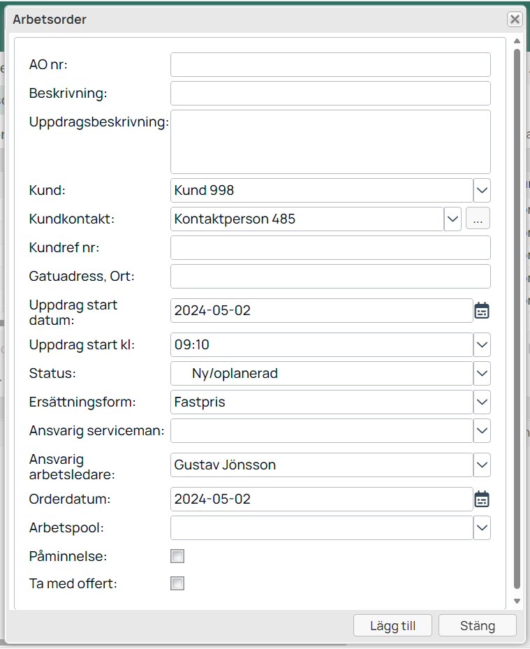 Arbetsorder — dialog för att skapa ny arbetsorder