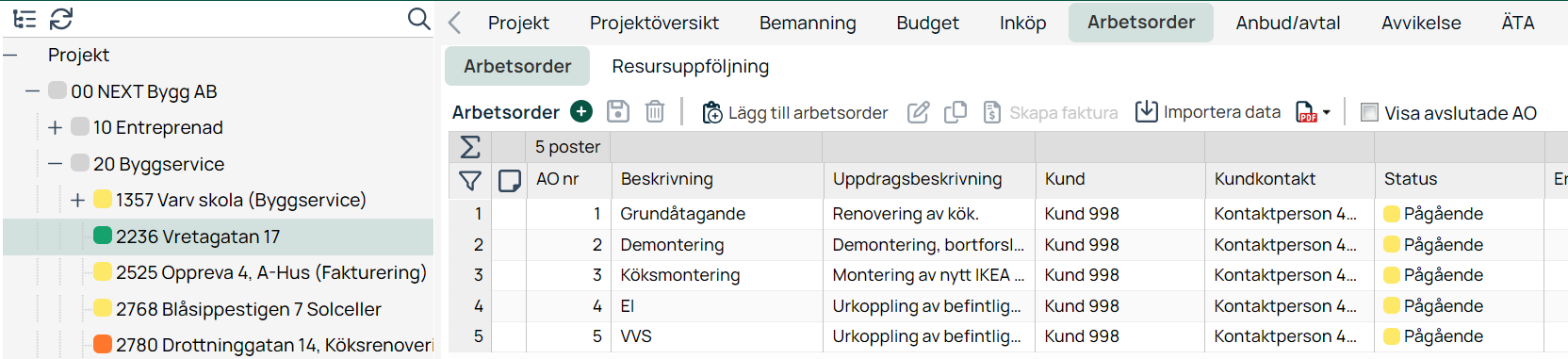 Projektmodul — fliken Arbetsorder med lista över arbetsorder