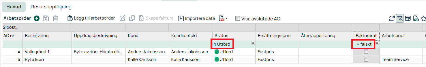 Arbetsorderlista filtrerad på status Utförd och ej fakturerad
