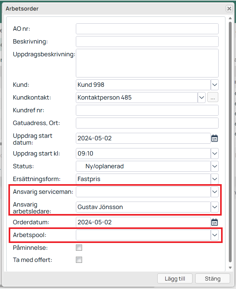 Arbetsorder dialog — skapa ny arbetsorder med obligatoriska fält