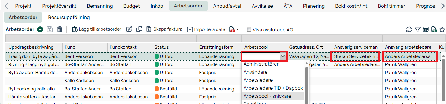 Arbetsorder-lista med öppen arbetspool-dropdown i projektsystem