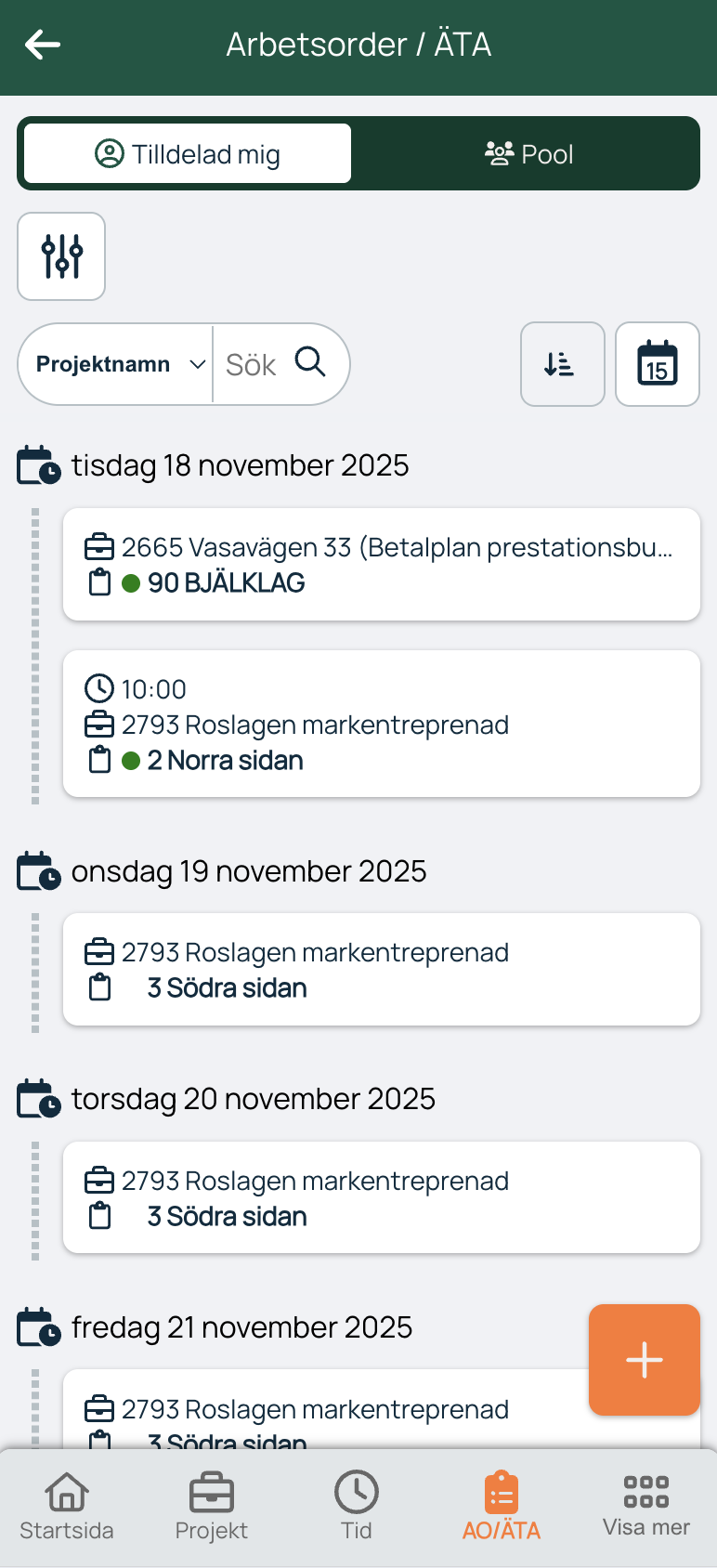 Arbetsorder/ÄTA — lista med tilldelade arbetsorder per dag