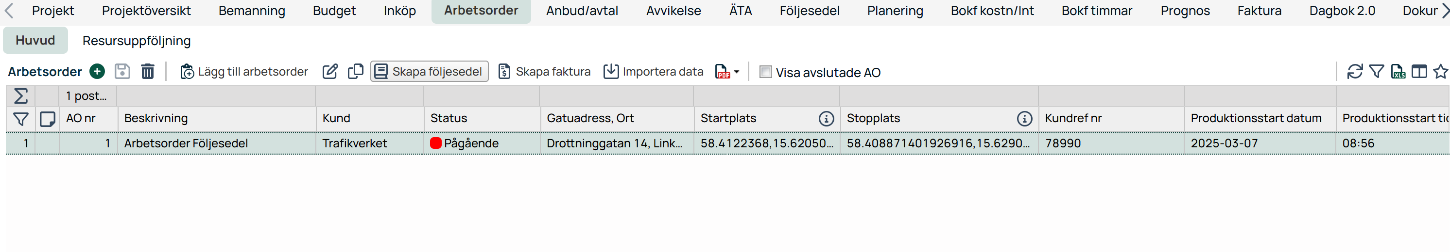Arbetsorder-lista med en pågående arbetsorder