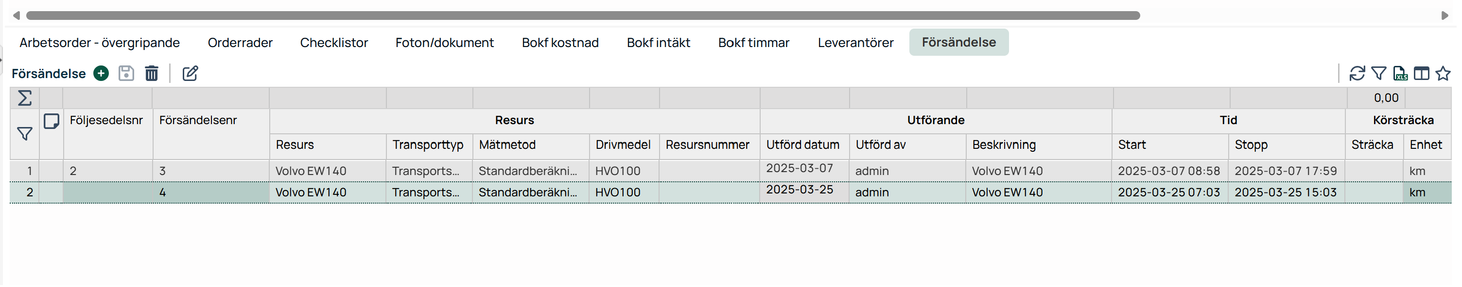 Arbetsorder — fliken Försändelse med transportrader