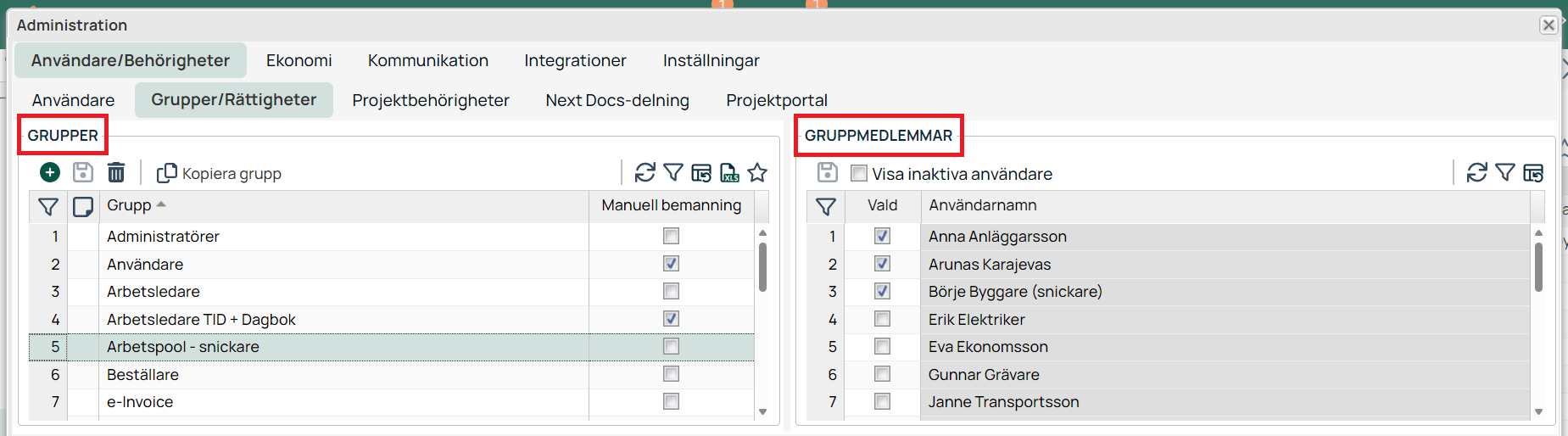 Administration — Grupper/Rättigheter med gruppmedlemmar