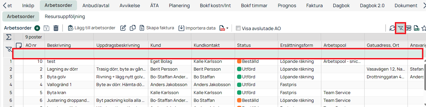 Arbetsorder-lista med filterrad markerad i rött
