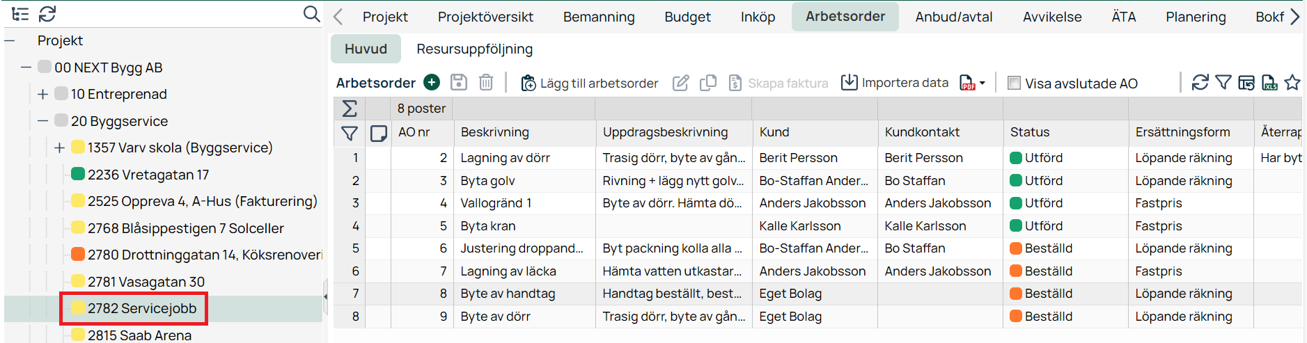 Arbetsorder-lista under projekt i affärssystem