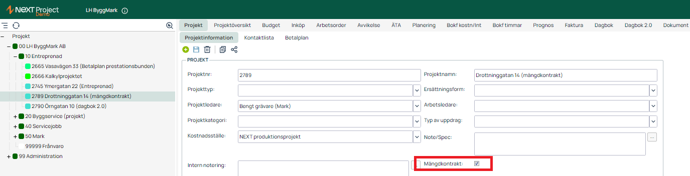 Projektinformation — mängdkontrakt markerat i projektformulär