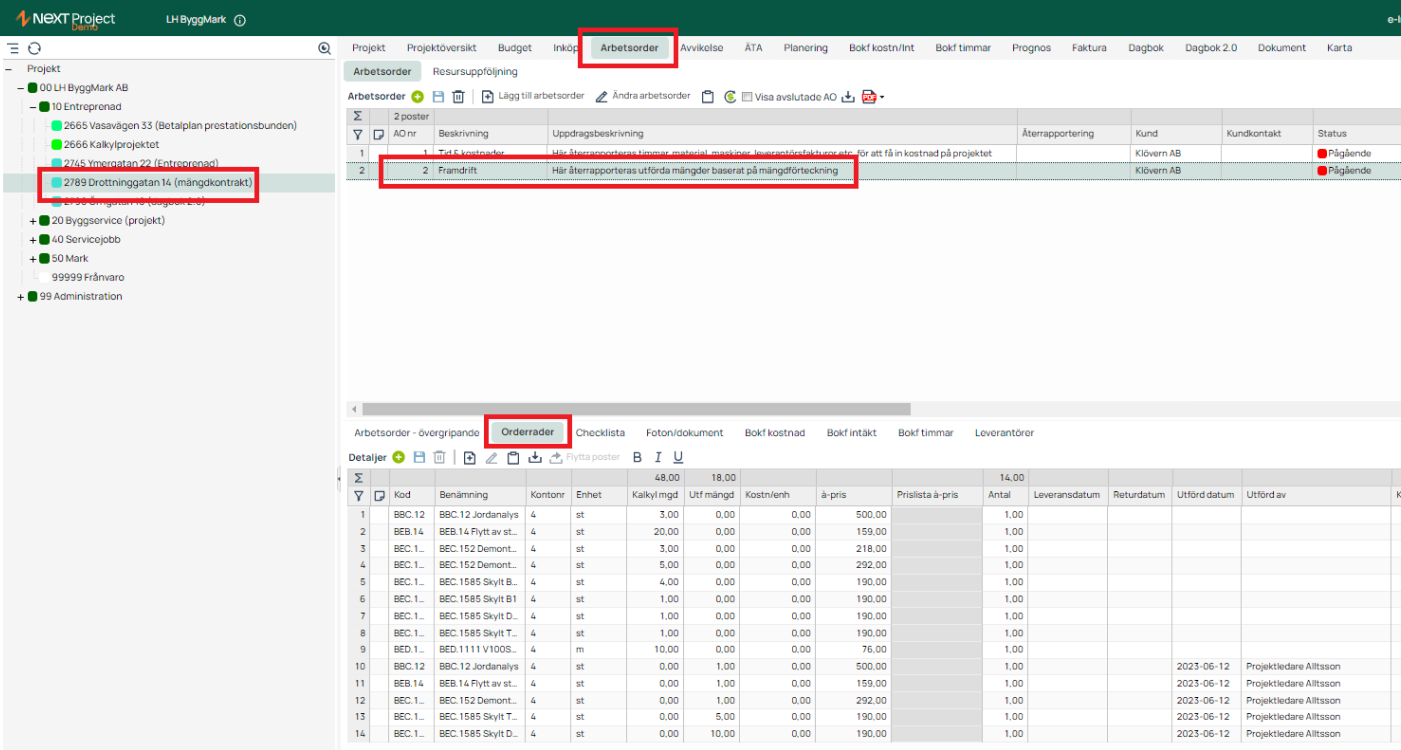 NEXT Project — Arbetsorder with Orderrader tab open
