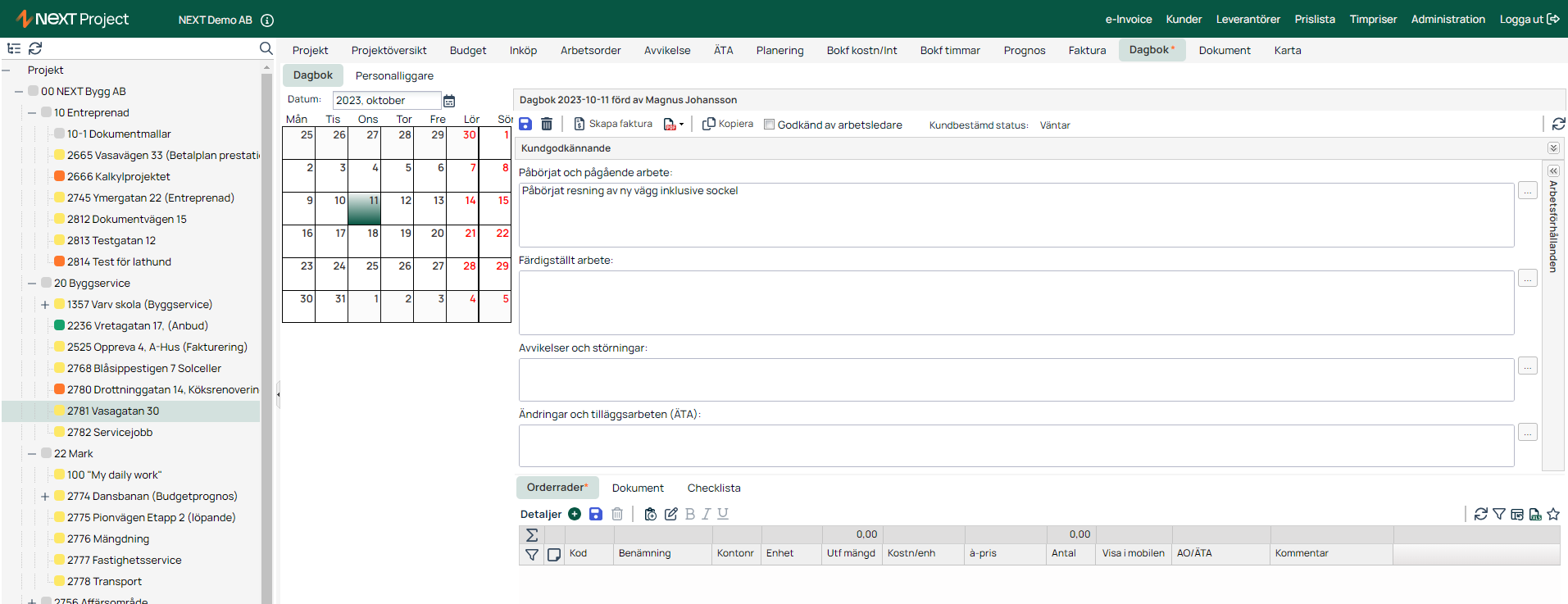 NEXT Project — Dagbok (Daily Log) entry view