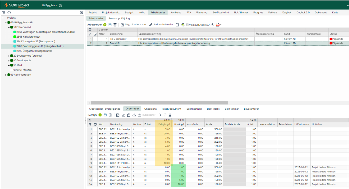 NEXT Project — Work Orders with Order Lines detail view