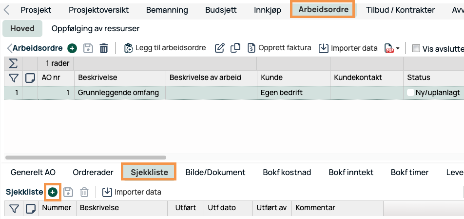Arbeidsordre — Sjekkliste-fanen i prosjektmodul