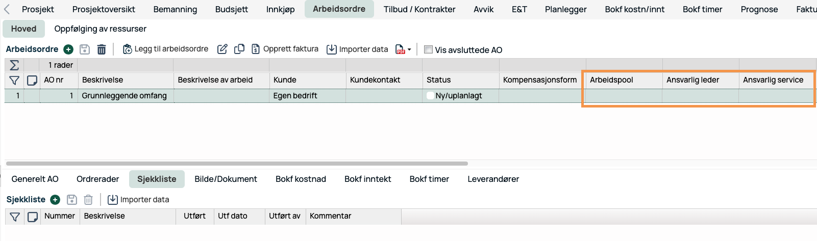 Arbeidsordre-fane med sjekkliste og kolonner for arbeidspool