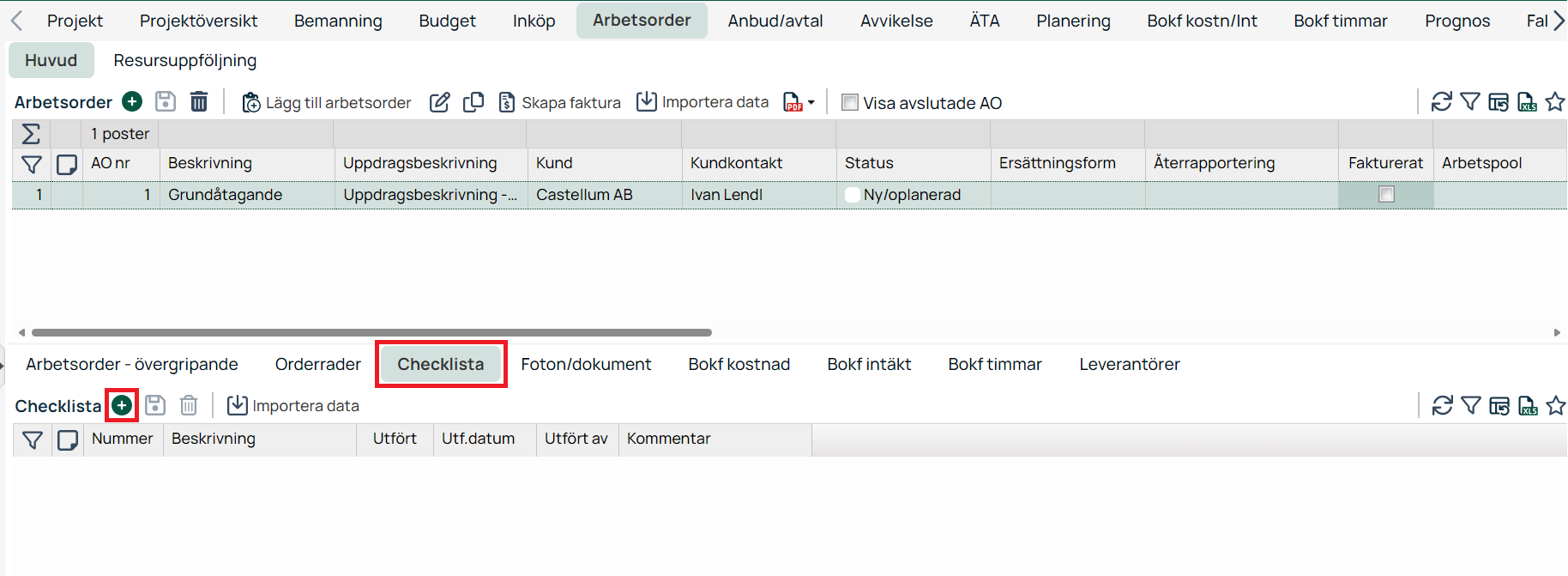 Arbetsorder — Checklista-fliken i projektmodul
