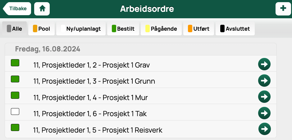 Arbeidsordre — liste med statusfiltre og dagsvisning