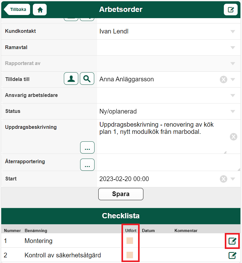 Arbetsorder med checklista — status och tilldelning