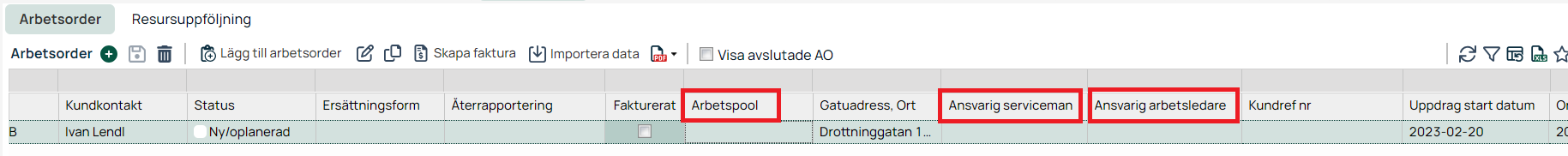 Arbetsorder-lista med markerade kolumner för ansvar och arbetspool
