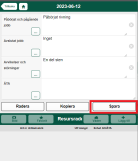 Arbetsorder dagboksformulär med Spara-knapp markerad