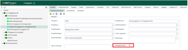Projektinformation — Mängdkontrakt markerat i affärssystem