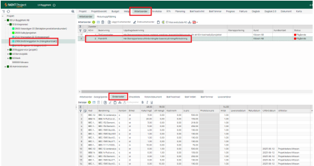 Projektledningssystem — artikelregisterlista med filtreringsalternativ