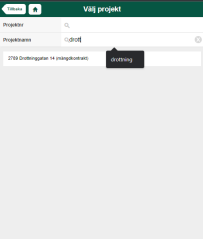 Välj projekt — sökruta med autocomplete-förslag