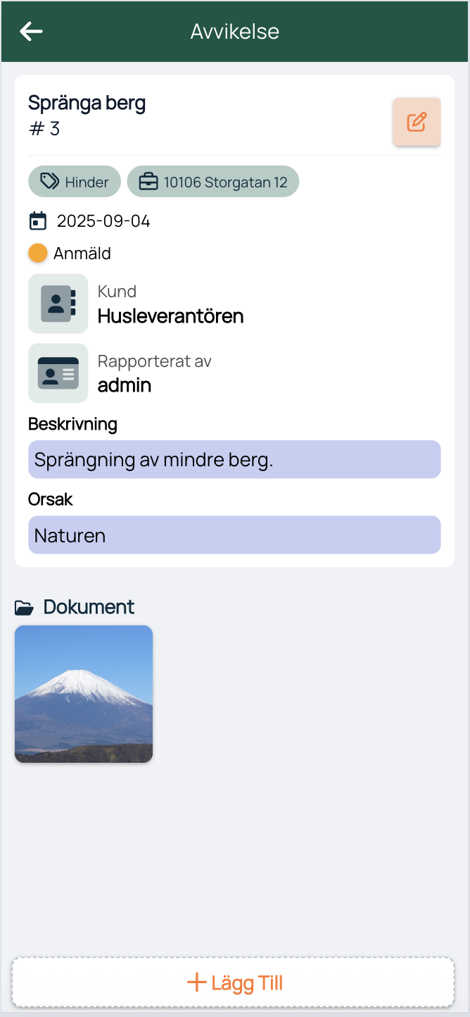 Avvikelse-detaljside med status, beskrivning och dokument