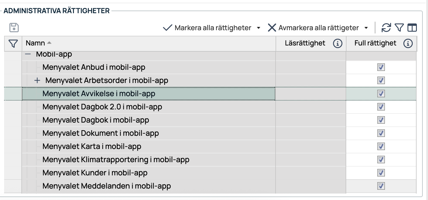 Administrative rettigheter — mobilapp-menyvalg med leserettighet og full rettighet