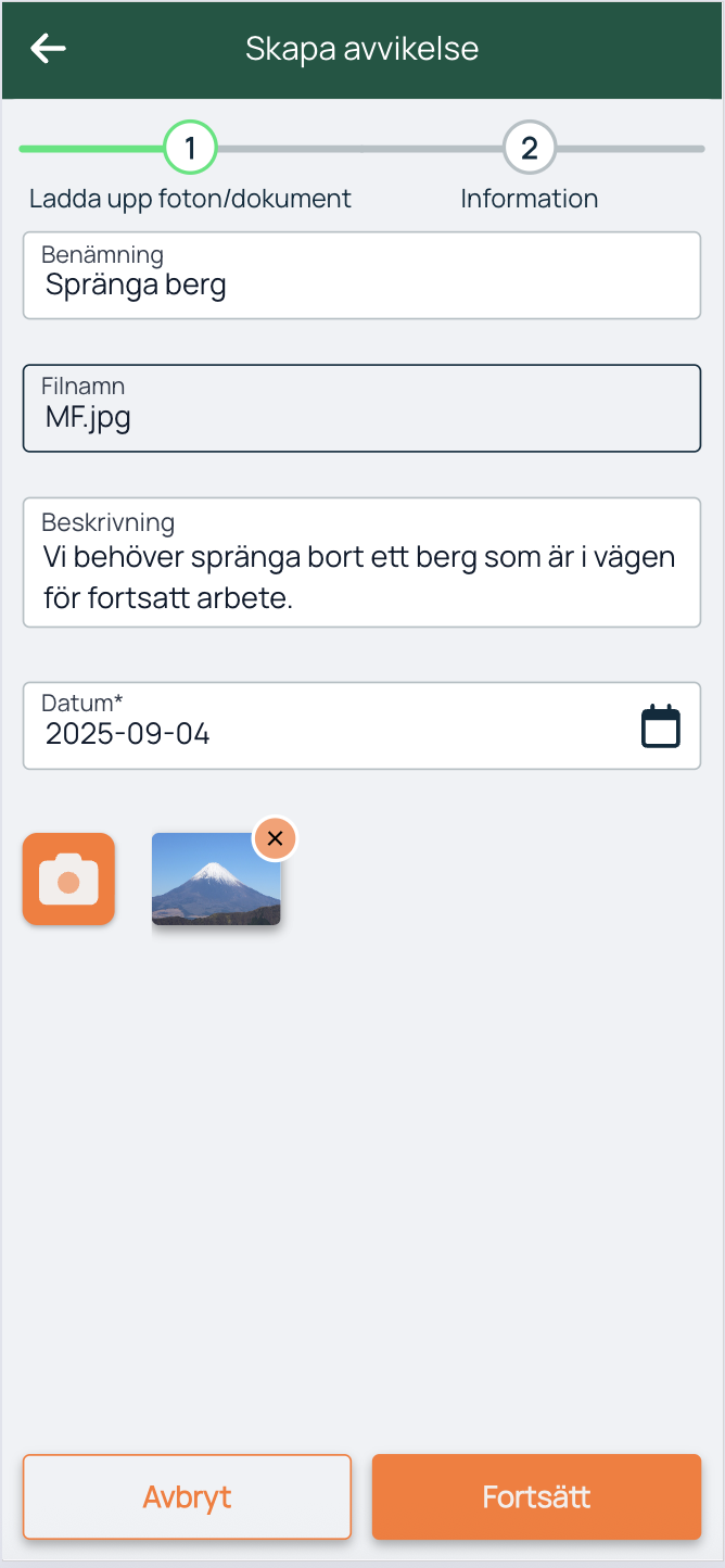 Skapa avvikelse — steg 1, last opp foto og dokument