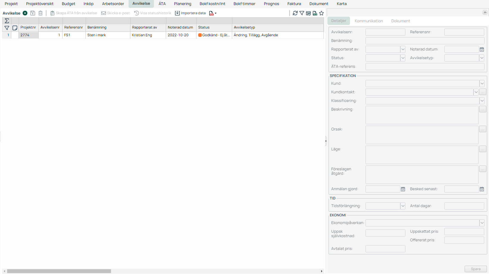 Avvikelse-fanen med detaljpanel for avviksregistrering