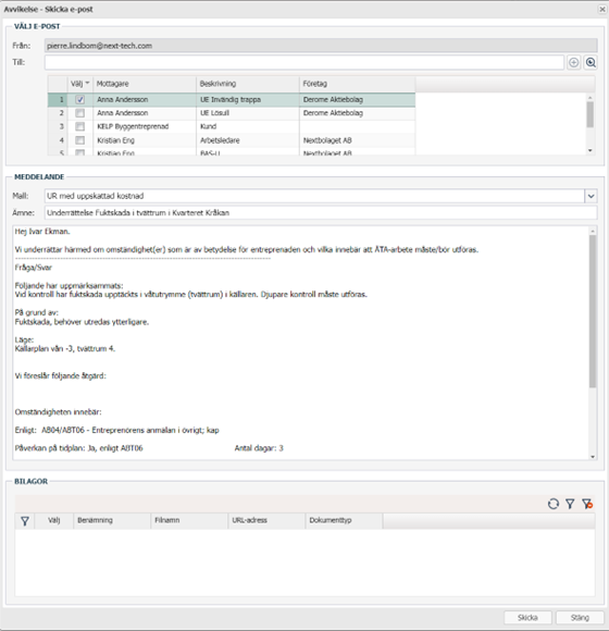 Avvikelse – Skicka e-post dialog med mottagarliste og melding
