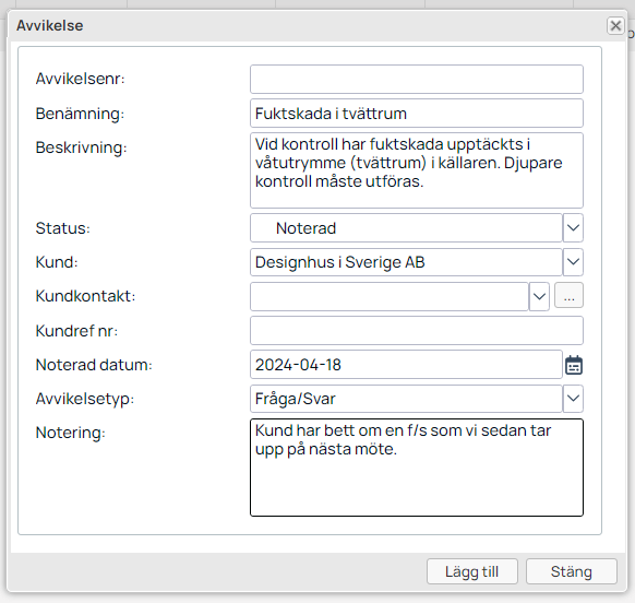Avvikelse-dialog — registrera ny avvikelse med status och typ