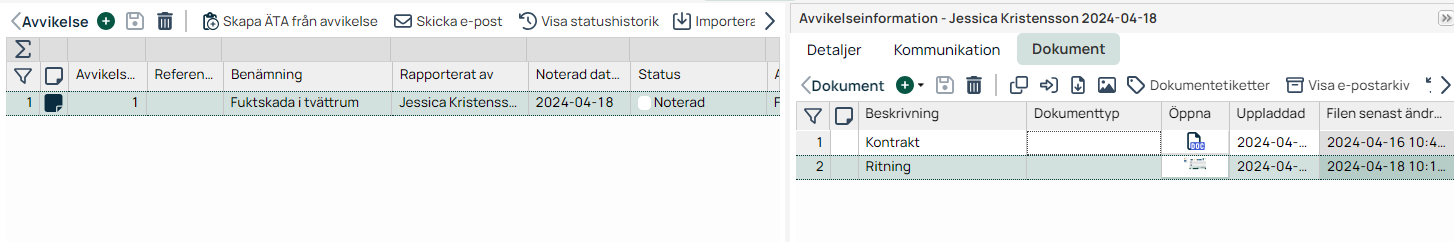 Avvikelsemodul med dokumentfliken öppen för en avvikelse