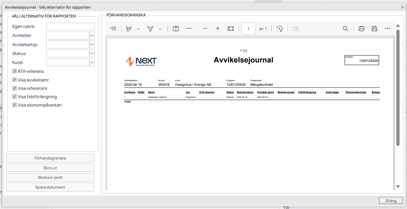 Avvikelsejournal — välj rapportalternativ och förhandsgranska