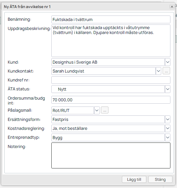 Dialog för att skapa ny ÄTA från avvikelse