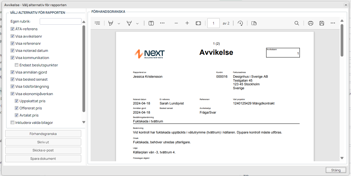 Avvikelserapport — välj alternativ och förhandsgranska