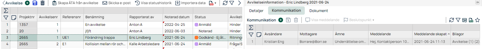 Avvikelsesliste med kommunikasjonsfane åpen for valgt avvik