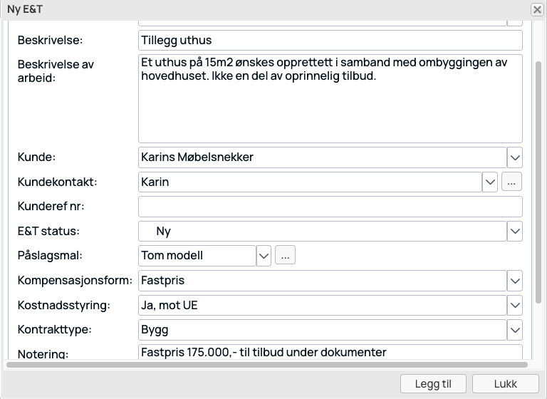 Ny E&T-dialog med feltene beskrivelse, kunde og kontrakttype
