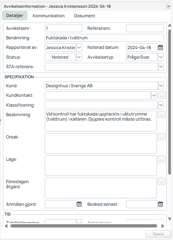 Avvikelseinformation — detaljformulär för ny avvikelse
