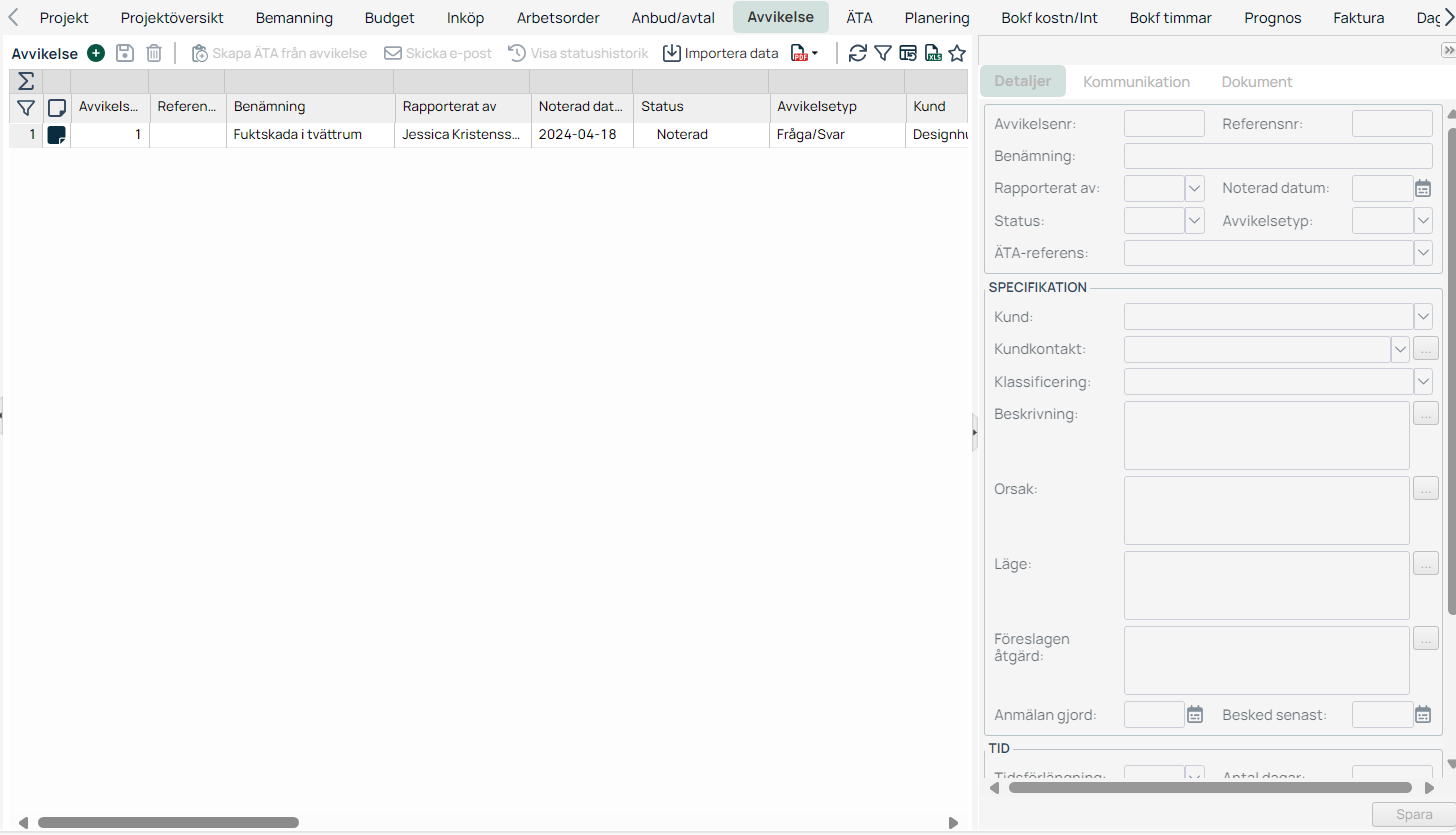 Avvikelse-modul i projekthanteringssystem med detaljpanel
