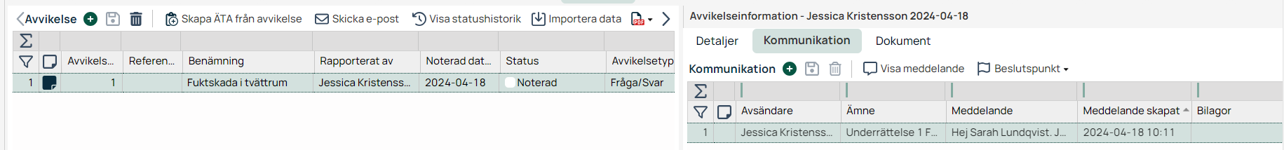 Avvikelsemodul med kommunikationsfliken öppen